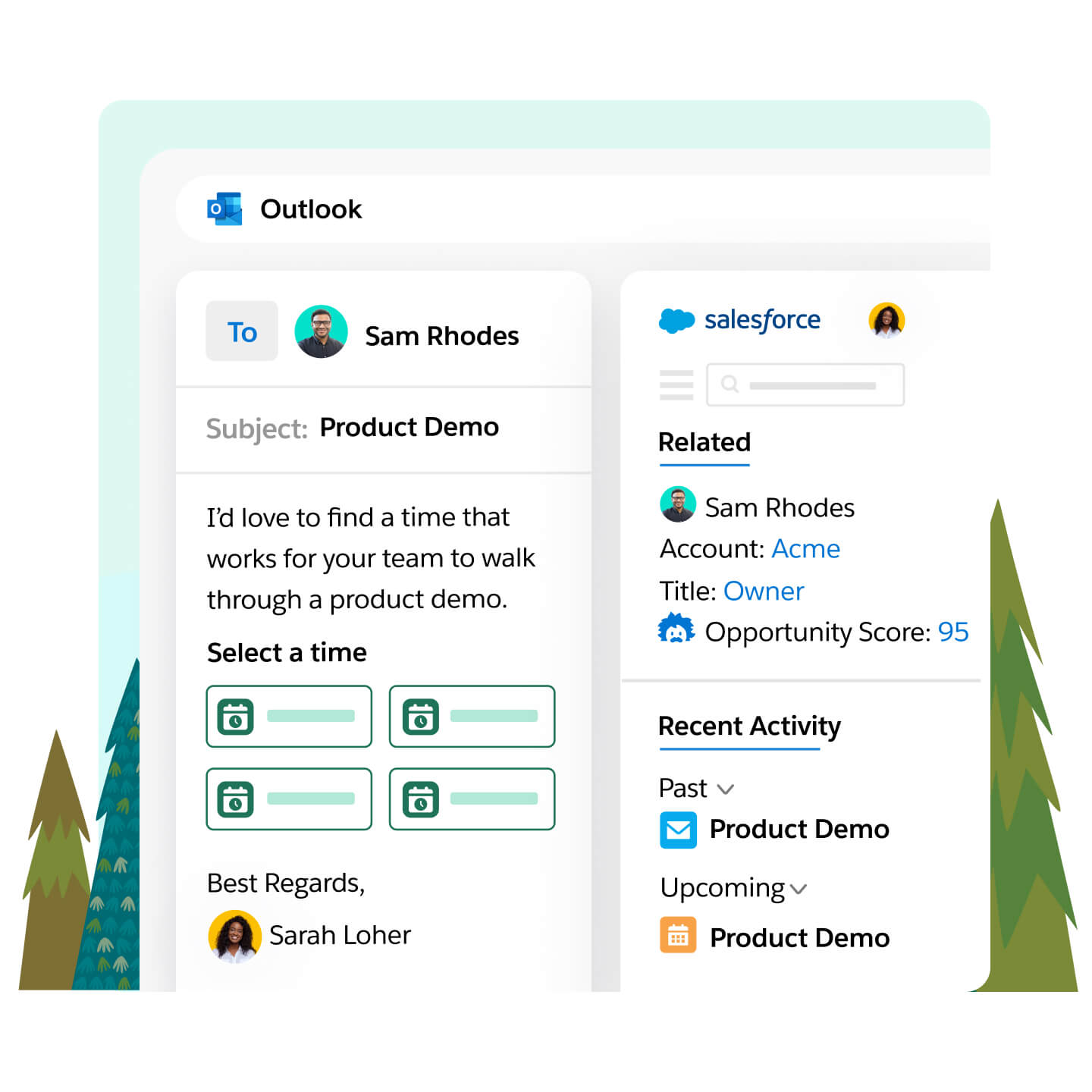 Outlook 메일과 Salesforce 관련 패널 — 계정, 기회 점수, 최근 활동