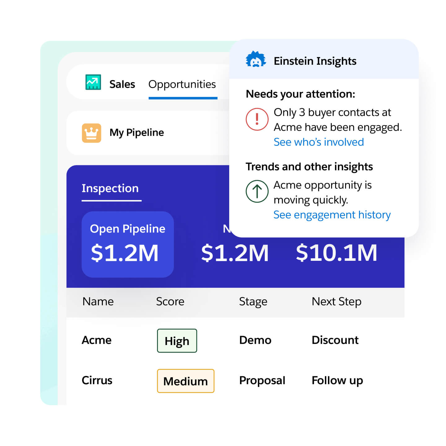 Salesforce Opportunities My Pipeline — Open Pipeline 금액, 기회 목록, Einstein Insights 패널