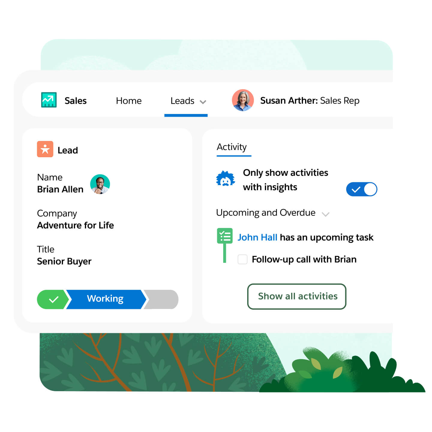 Salesforce Lead 레코드 — Path 단계 Working, Activity 타임라인과 작업 체크리스트